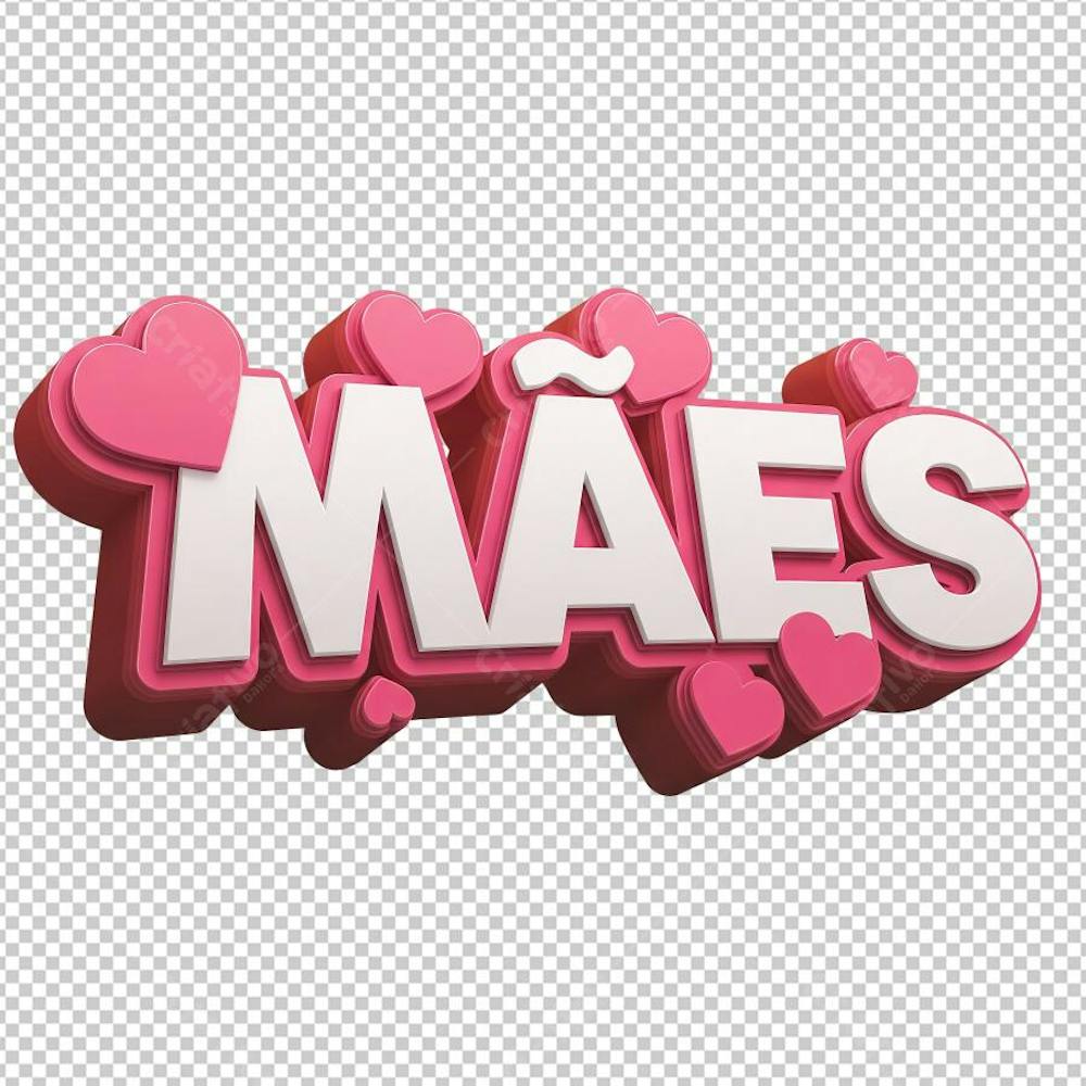 Texto Mães Renderizado em 3D com corações