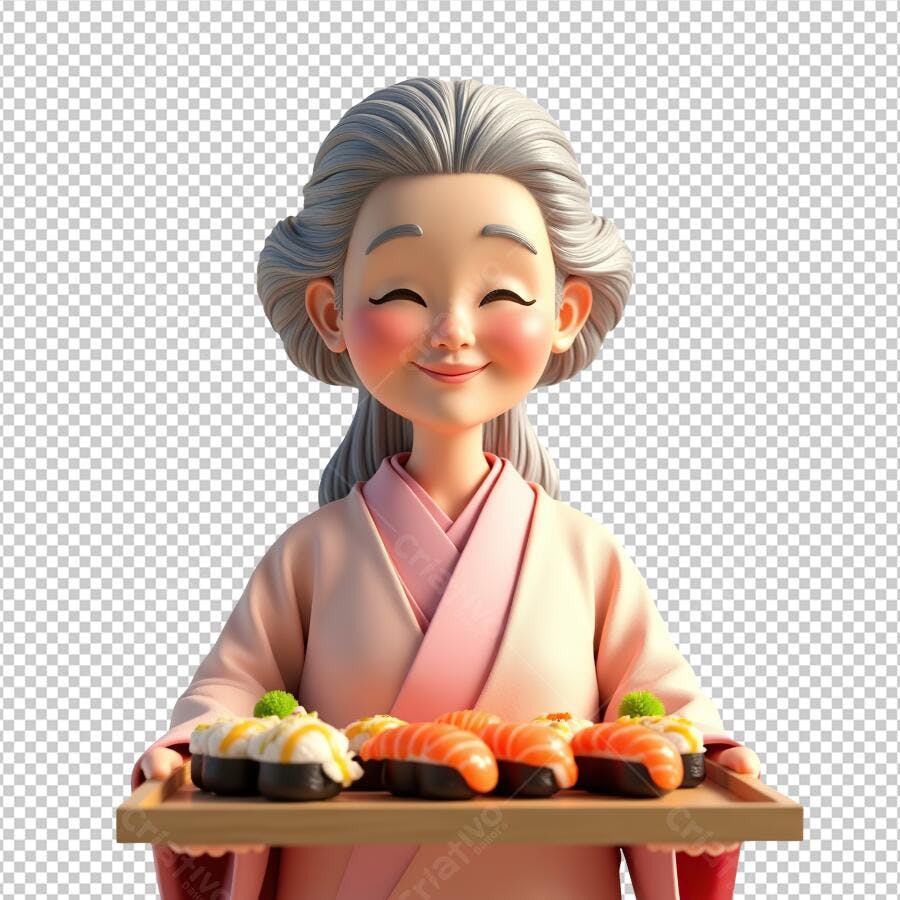 Ilustração PNG Avó Japonesa com Sushi fundo transparente