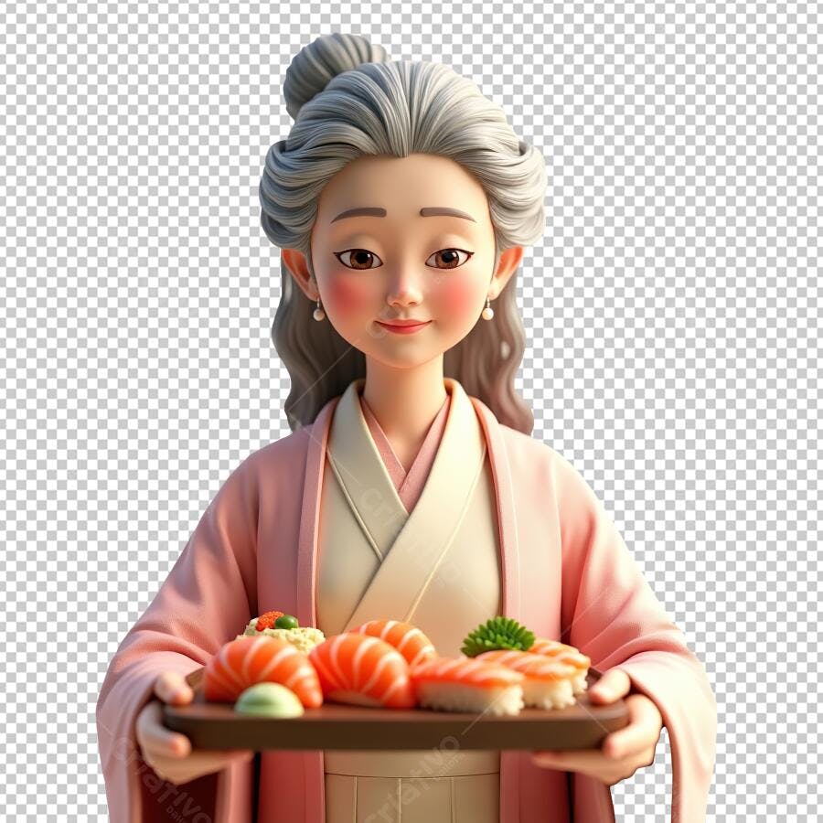 Ilustração PNG com fundo transparente Mulher asiática servindo sushi