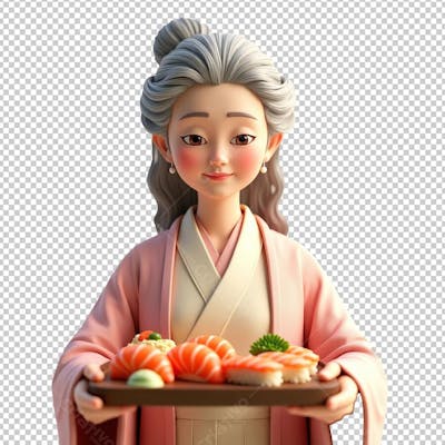Mulher Sushiman com Tábua de Sashimis Renderizado em 3D