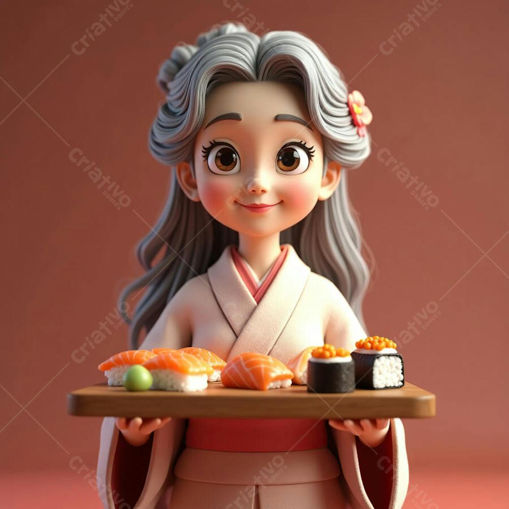 Mulher Asiática com Cabelos Grisalhos Segura Bandeja com Sushi
