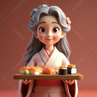 Mulher Asiática com Cabelos Grisalhos Segura Bandeja com Sushi