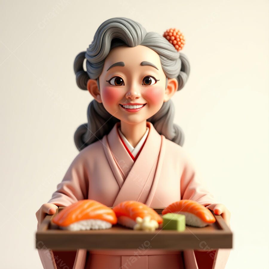 Mulher sorridente em Kimono servindo Sushi