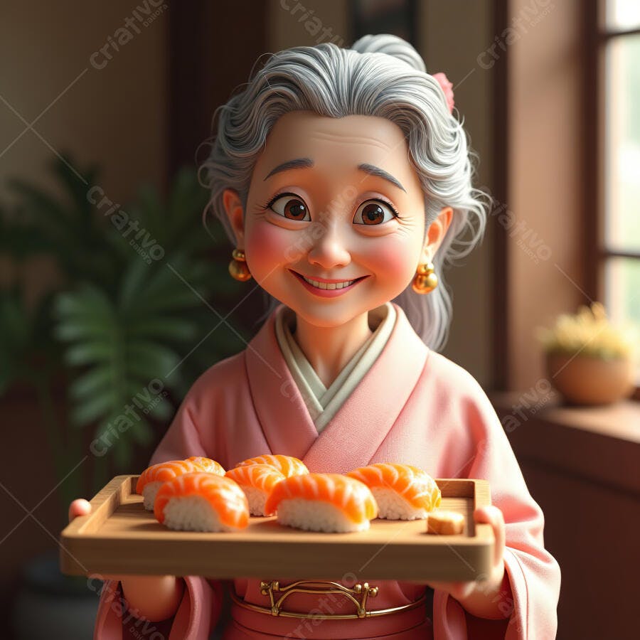 Avó sorridente servindo sushi de salmão