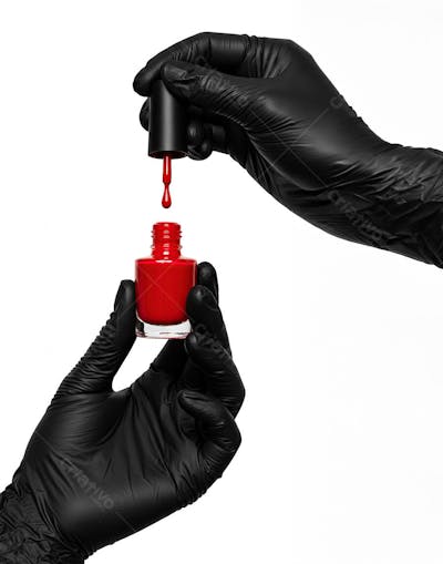 Nail Designer com Luvas de Latex Preta Segura um Esmalte Vermelho