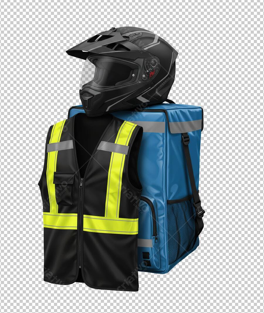 Mockup de Motoboy Colete e Capacete PNG com fundo transparente