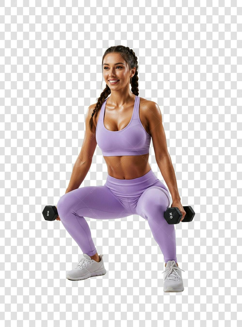 Mulher com halteres fazendo exercicio feliz PNG TRANPARENTE