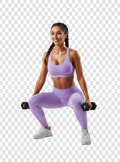 Mulher com halteres fazendo exercicio feliz PNG TRANPARENTE