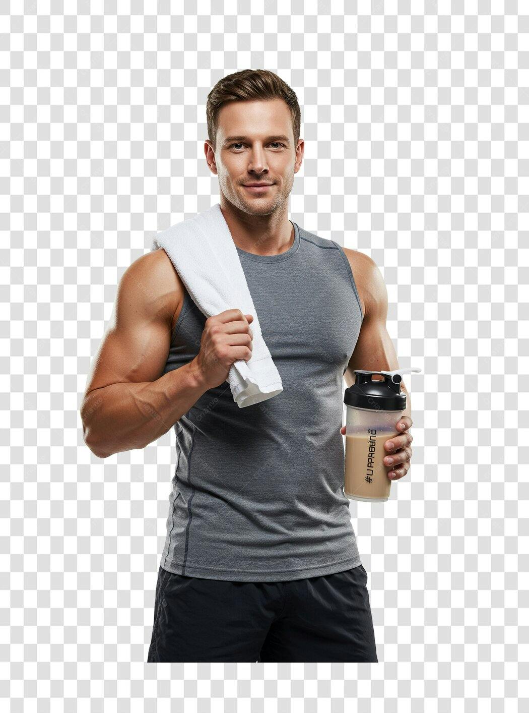 Imagem PNG homem musculoso com toalha e shake com fundo transparente