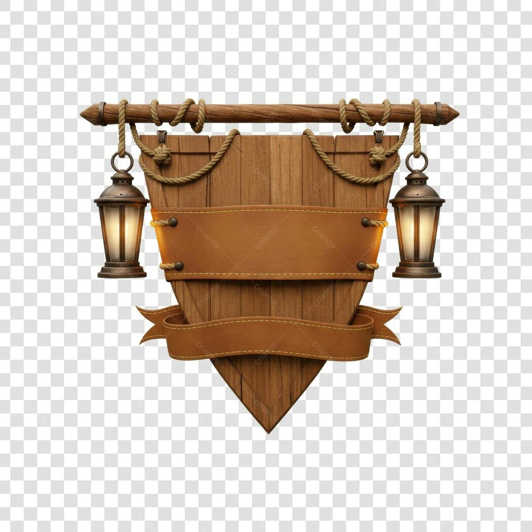 Mockup Placa de Madeira Rustica com Lanternas PNG com fundo transparente