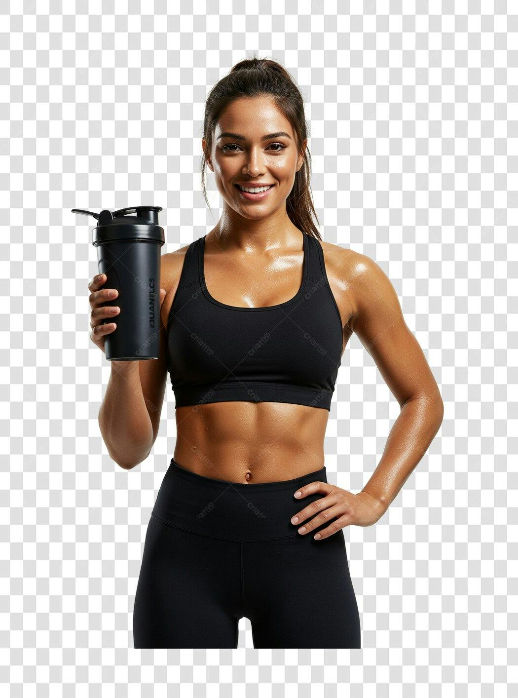 Imagem PNG Mulher Fitness com Shake Preto fundo transparente