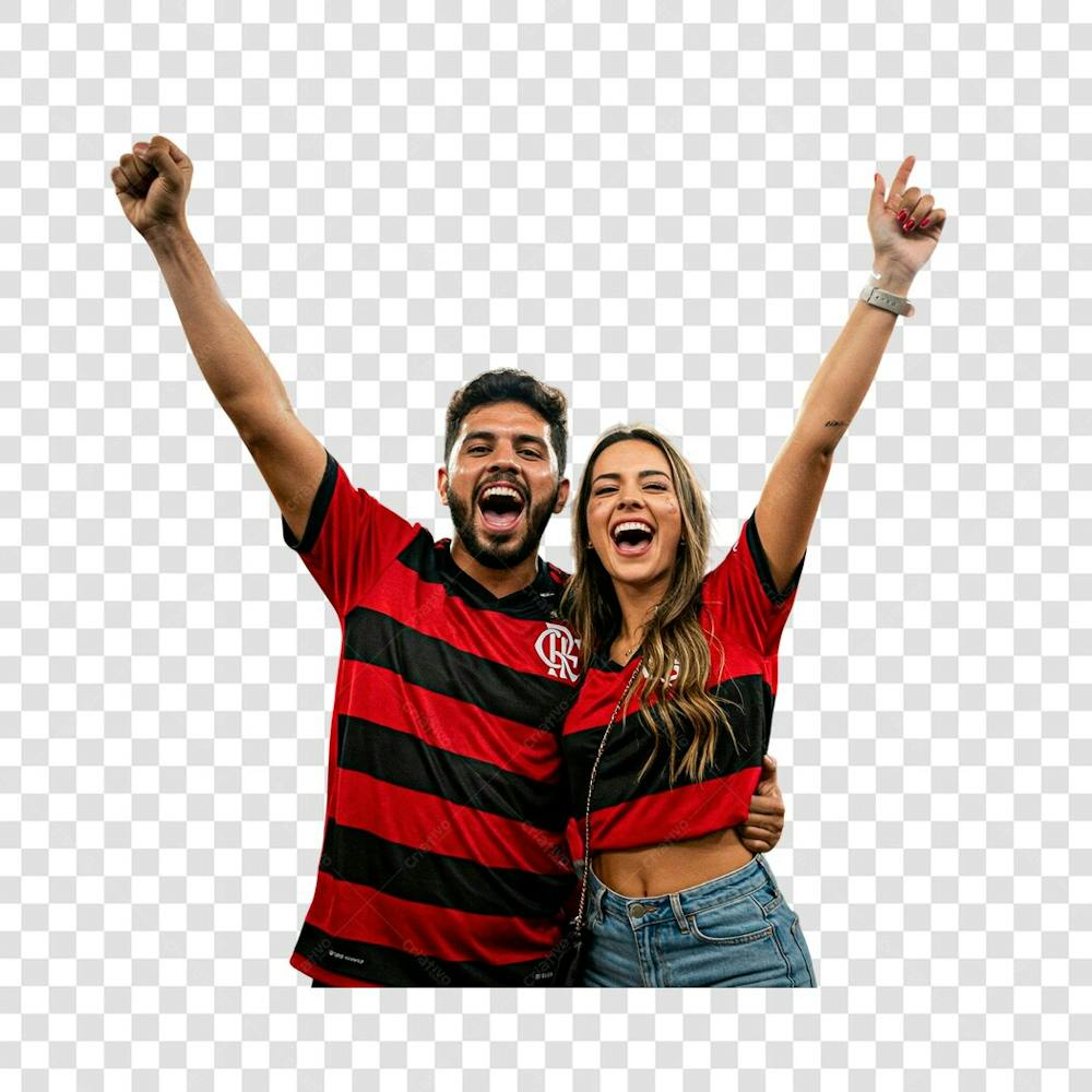 imagem de um casal torcedor do flamengo vibrando no estádio de futebol-Photoroom