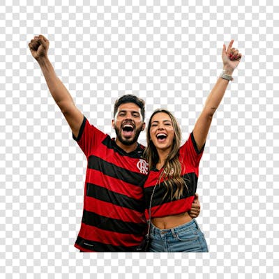 imagem de um casal torcedor do flamengo vibrando no estádio de futebol-Photoroom