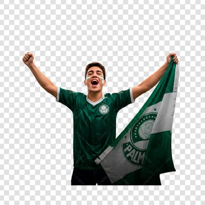imagem de um torcedor do palmeiras feliz vibrando no estádio de futebol-Photoroom