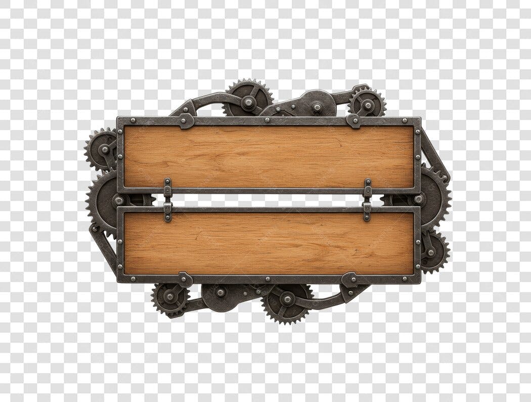 Banner Steampunk Madeira e Metal PNG com fundo transparente