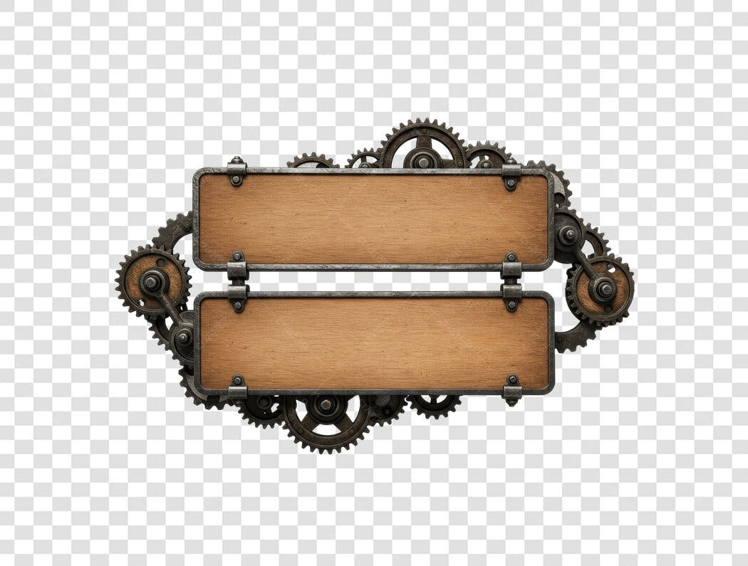 Banner Steampunk Madeira Engrenagens PNG com fundo transparente