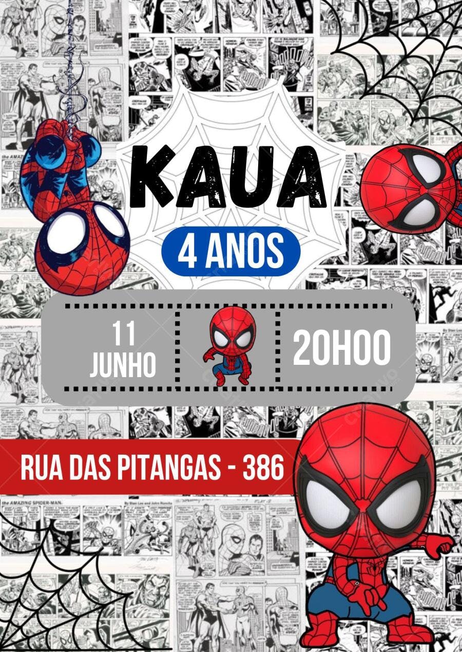 Convite de Aniversário Homem-Aranha estilo quadrinhos Editável no Canva
