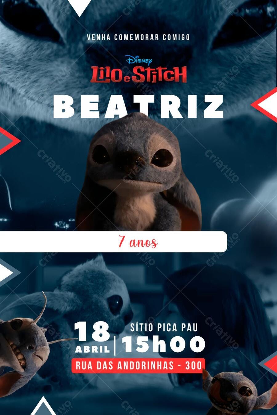 Convite de Aniversário Infantil Lilo e Stitch Editável no Canva