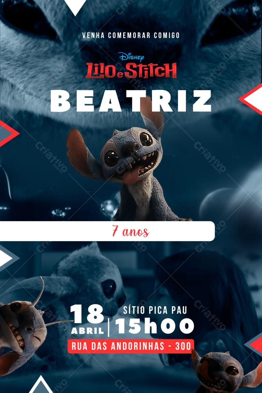 Convite de Aniversário Lilo e Stitch Azul Bebê Editável no Canva