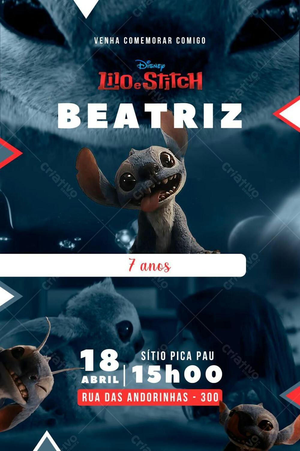 Convite de Aniversário Infantil Personalizado Live Action Lilo e Stitch Menina e Menino Editável no Canva