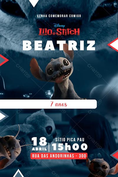 Convite de Aniversário Infantil Personalizado Live Action Lilo e Stitch Menina e Menino Editável no Canva