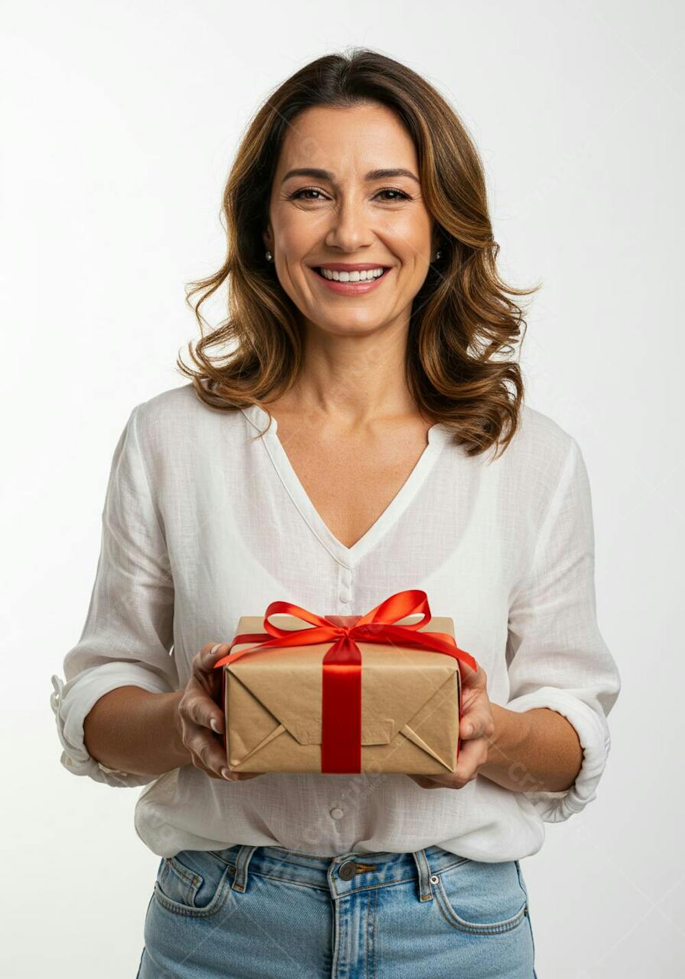 Mulher segurando presente nas mãos para composição