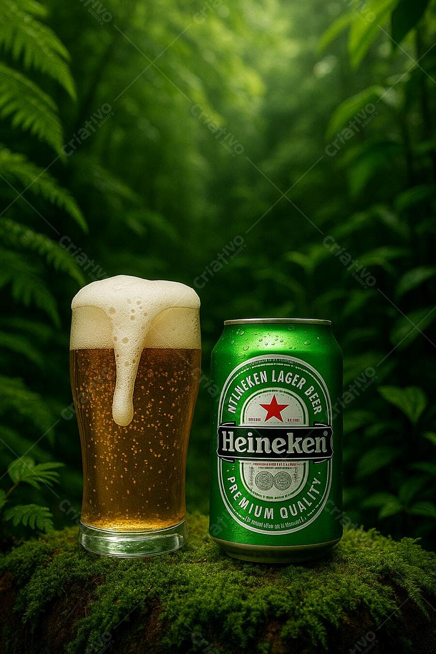 Heineken lata e copo em floresta verde