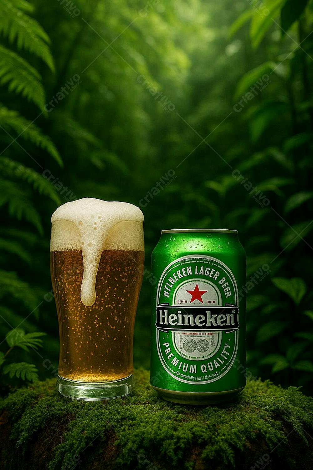 Cerveja heineken em copo de cerveja em cenário Design Biofílico