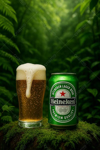 Cerveja heineken em copo de cerveja em cenário Design Biofílico