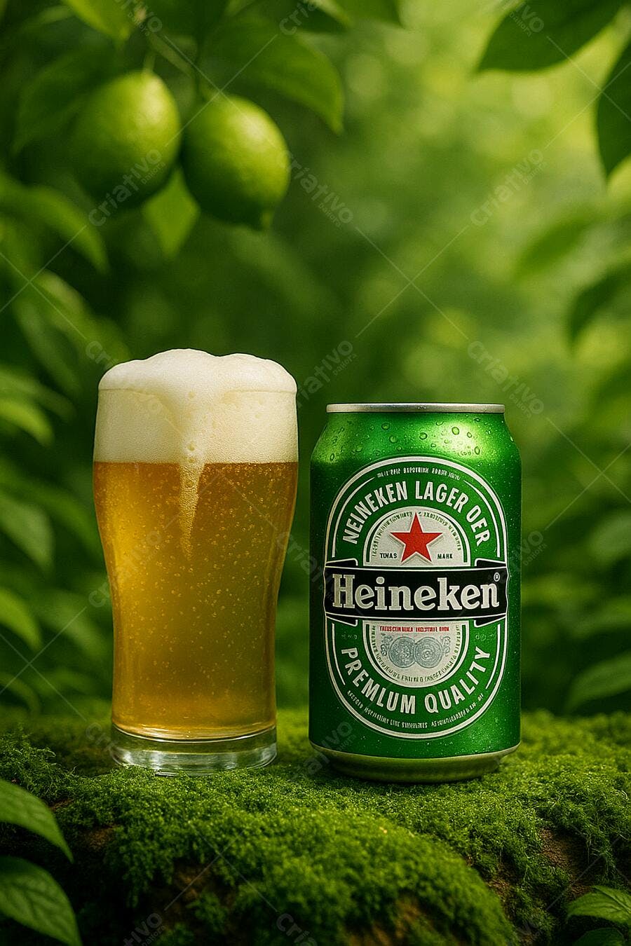 Cerveja Heineken em copo e lata na natureza