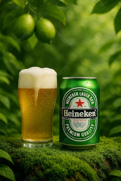 Cerveja heineken em copo de cerveja e limões suspensos em cenário Design Biofílico