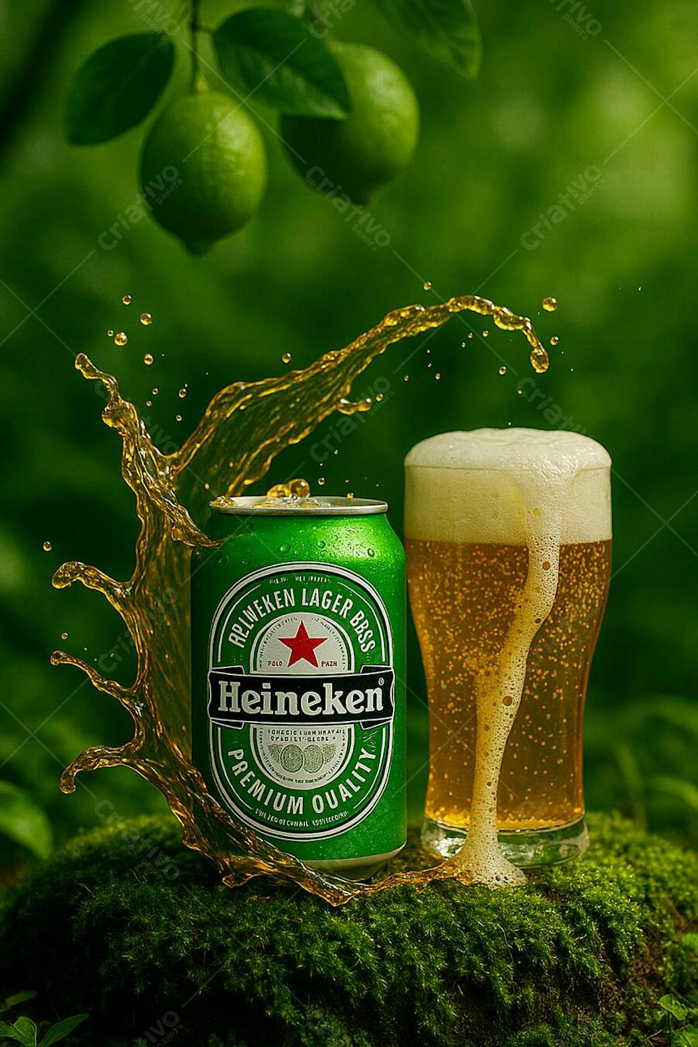 Cerveja heineken em copo de cerveja e limões suspensos onda splas de cerveja em cenário Design Biofílico