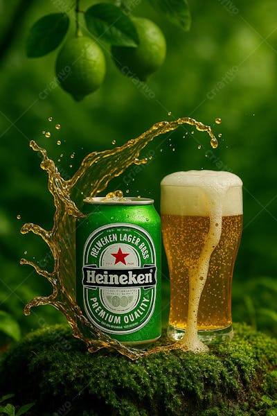 Cerveja heineken em copo de cerveja e limões suspensos onda splas de cerveja em cenário Design Biofílico