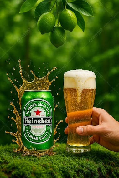 Cerveja heineken em copo de cerveja mão pegando o copo e limões suspensos onda splas de cerveja em cenário Design Biofílico