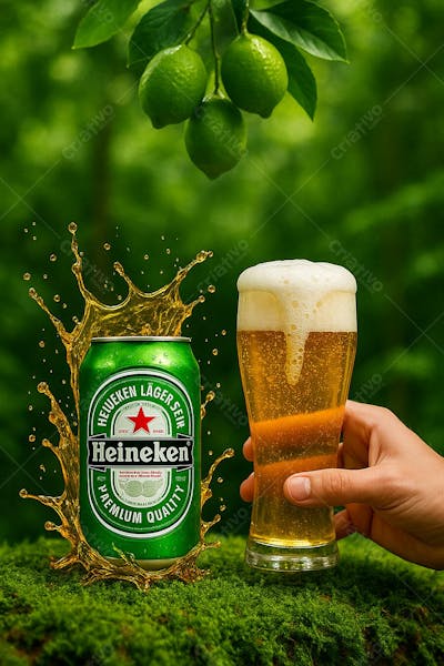 Cerveja heineken em copo de cerveja mão pegando o copo e limões suspensos onda splas de cerveja em cenário Design Biofílico