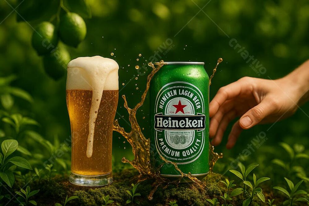 Cerveja heineken em copo de cerveja mão pegando o copo e limões suspensos onda splas de cerveja em cenário Design Biofílico a