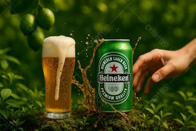 Cerveja heineken em copo de cerveja mão pegando o copo e limões suspensos onda splas de cerveja em cenário Design Biofílico a