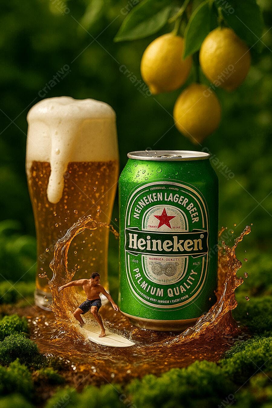 Surfista miniatura em onda de cerveja Heineken