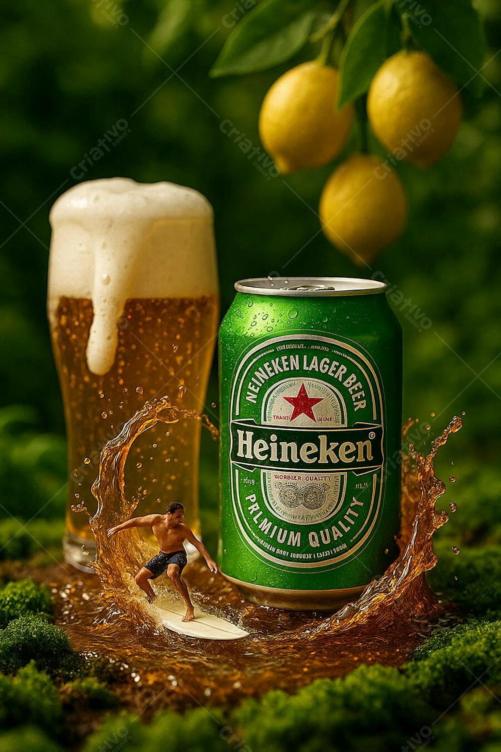 Cerveja heineken em copo de cerveja  e limões suspensos onda splas de cerveja com surfista surfando em cenário Design Biofílico a