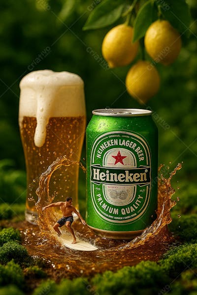 Cerveja heineken em copo de cerveja  e limões suspensos onda splas de cerveja com surfista surfando em cenário Design Biofílico a