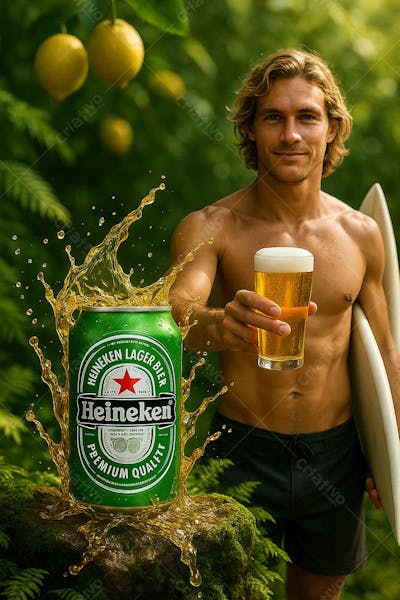 Cerveja heineken e limões suspensos onda splas de cerveja com surfista oferecendo um copo de cerveja Design Biofílico a