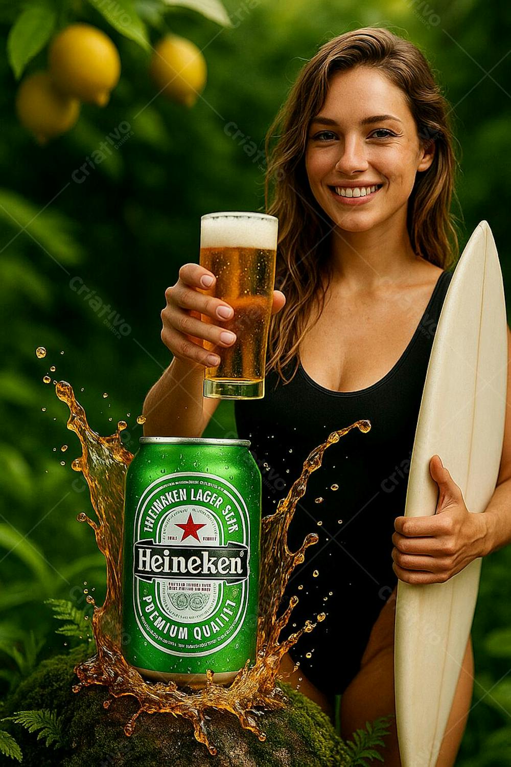 Cerveja heineken e limões suspensos onda splas de cerveja com uma surfista oferecendo um copo de cerveja Design Biofílico a