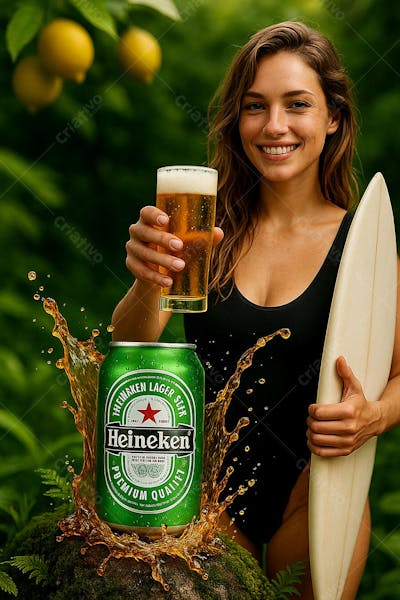 Cerveja heineken e limões suspensos onda splas de cerveja com uma surfista oferecendo um copo de cerveja Design Biofílico a
