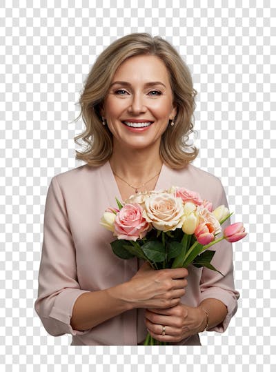 Mulher feliz segurando buque de flores PNG TRANSPARENTE