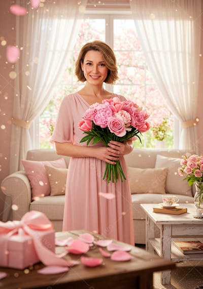 Mulher feliz segurando buque de flores para composição