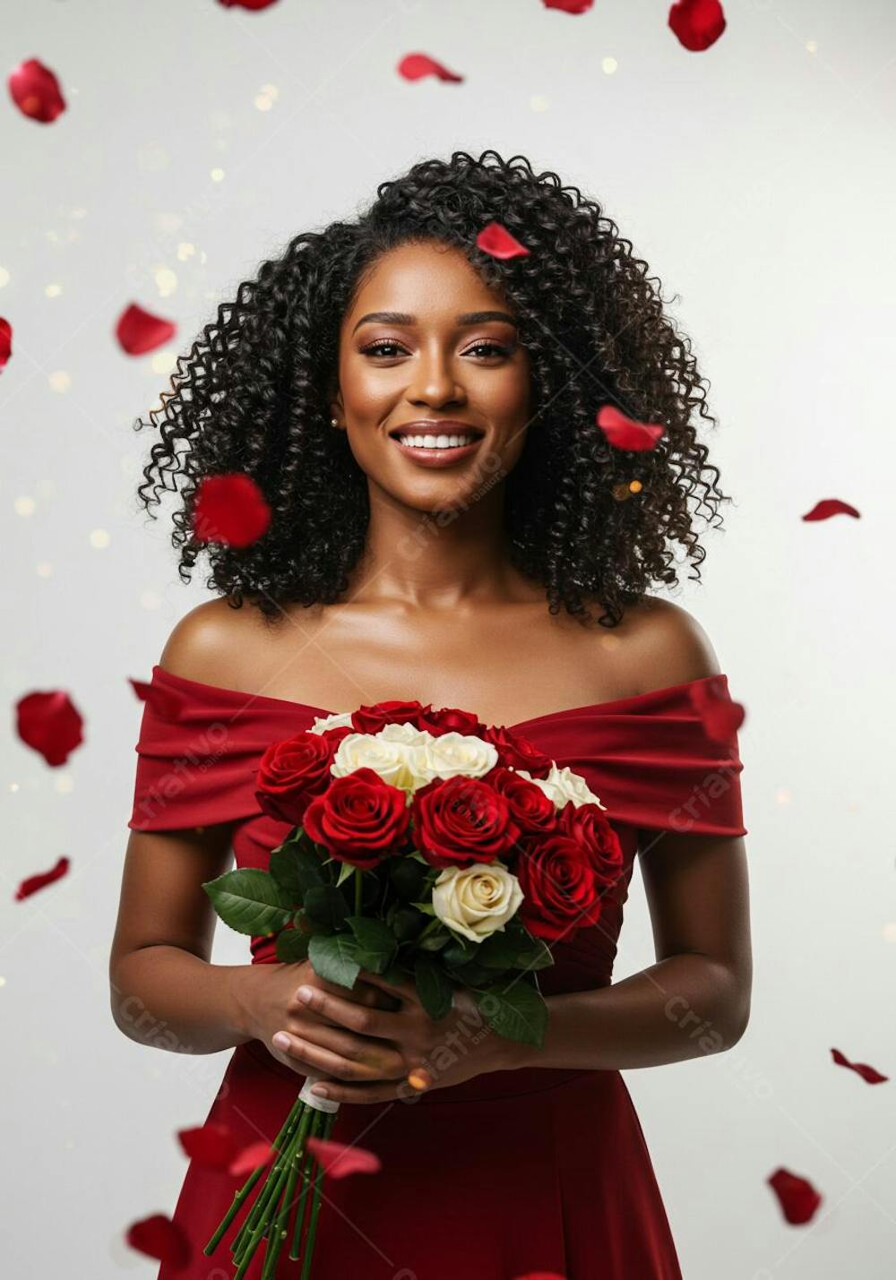 Mulher feliz segurando buque de flores para composição