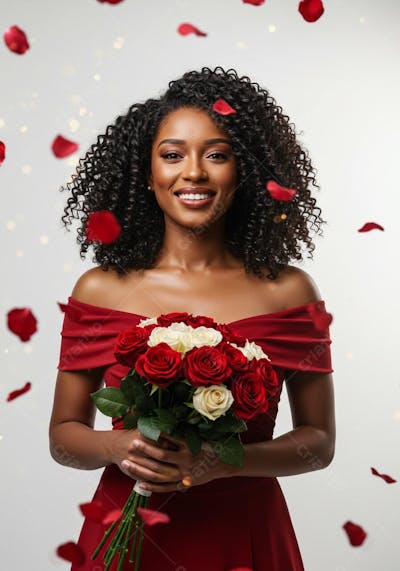 Mulher feliz segurando buque de flores para composição