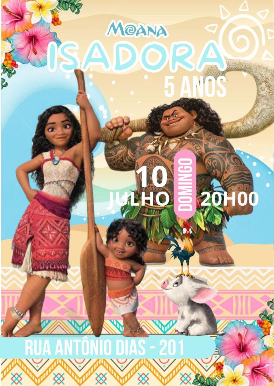 Convite de Aniversário Infantil Moana e Maui Editável no Canva