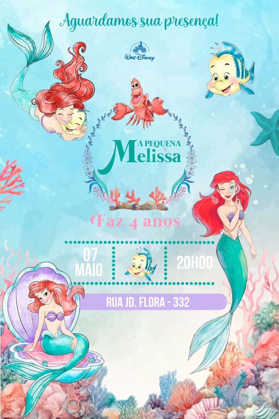 Convite de Aniversário Ariel Pequena Sereia Editável no Canva