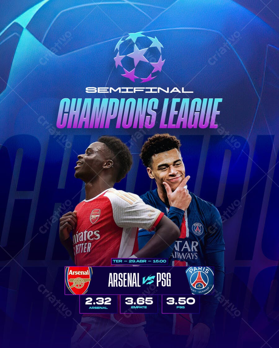Flyer Champions League Arsenal x PSG PSD Editável
